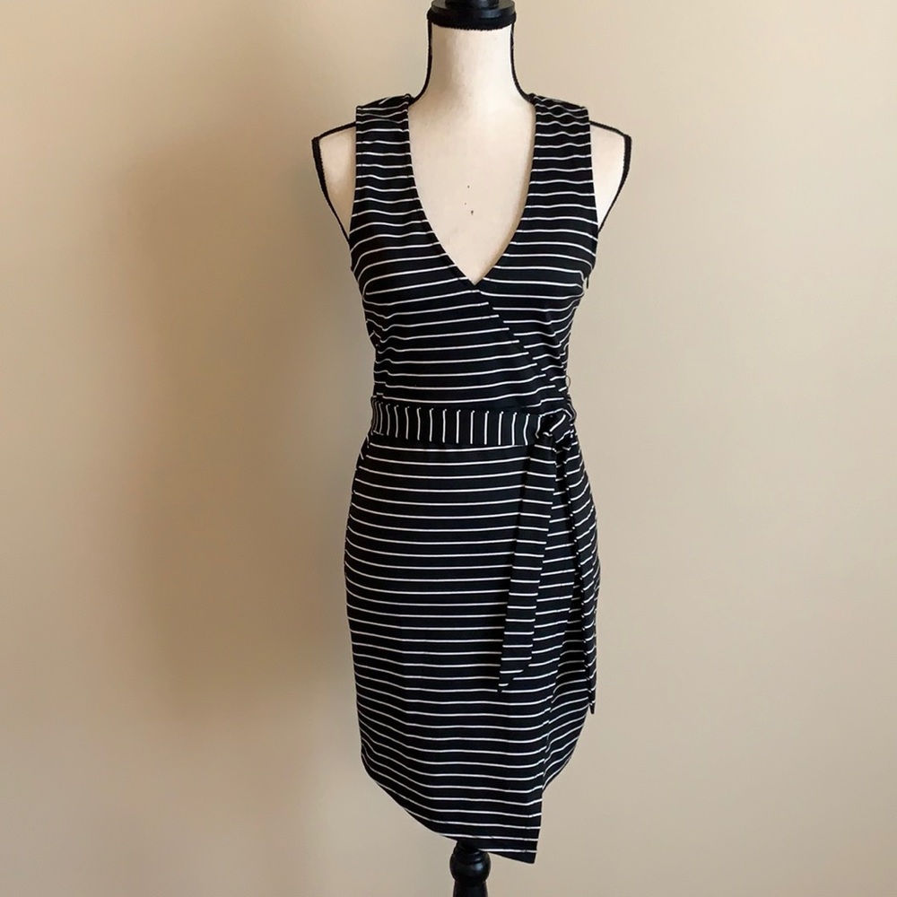 S BB Dakota Black & White Striped Faux Wrap Dress